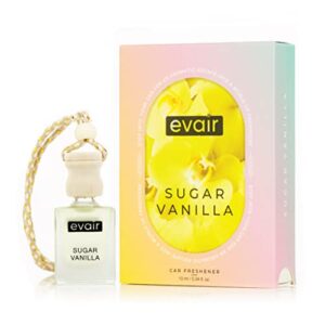 Evair Hanging Car Air Freshener - Sugar Vanilla 10 ml | Car Perfume | Car Accessories Interior | Car Aroma with Essential Oils Fragrance in Glass Bottle with Wooden Diffuser Lid | Pack of 1