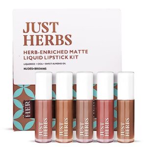 Just Herbs Ayurvedic Liquid Lipstick Matte Finish Kit Set of 5 with Long Lasting, Hydrating & Lightweight Lip Colour, Nudes & Browns - Paraben & Silicon Free - 5 ml