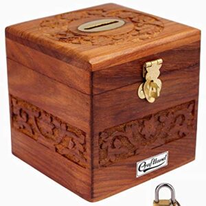 Craftland wooden money/piggy bank, money box, coin box with carved design for kids/Children. with Lock