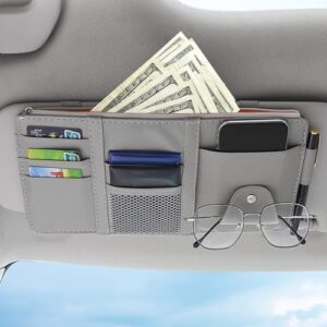 DETACHI Car Sun Visor Organizer Multi-Function Car Space with Multi-Pocket Net Zipper Car Storage Organizer and Sunglass Holder PU Leather for Car (Grey)