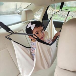 Kidzy King CarNap-Portable Car Cradle Hammock for 0 to 3 Year Baby | Car Travel Jula | Includes Adjustble Belt, Hammock Cloth, Hangers and Carry Bag | Cotton, Beige