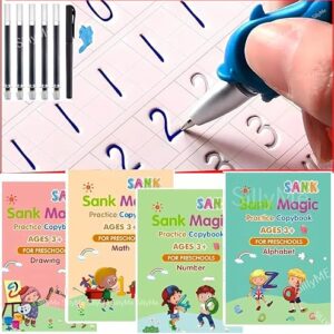 Sank Magic Book for Kids (4 books +1 Pen+10Refill) - Sank Magic Practice Copy Book for Kids - Reusable Magical Book - Drawing Alphabet Writing Practice Book - Magic Books for Kids 2-5years