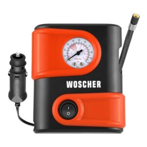 Woscher 1610 Portable Mini Car Tyre Inflator Pump with Storage Bag, LED Light & Analogue Display,12V DC 100 PSI Tyre Air Pump for Bike & Cycle (Black)