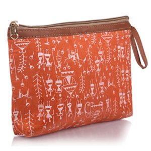 Kuber Industries Toiletry Pouch|Warli Print Travel Cosmetic Pouch|Canvas Waterproof Makeup Pouch with Handle (Orange)