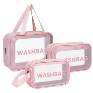 Niwlix Makeup Pouch Travel Toiletry Bag for Women Travel Pouch Cosmetic Makeup Bag Transparent Pouches for Women Set of 3 (Pink)