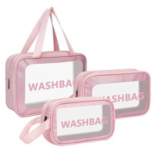 PETRICE Clear Makeup Pouch Set, Cosmetic Organizer Bag for Women and Girls Travel Waterproof Toiletry Storage Kit (3Pcs - Pink)