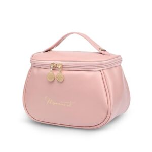 ZEAHH™ Stylish Makeup Bag for Women - Pink PU Leather Cosmetic Bag with Handle and Zipper. Spacious organizer for brushes and beauty essentials. Ideal for travel or home use.