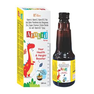 Arokid Aries Multivitamin & Multimineral Syrup for Kids with Iron, Zinc, Vitamin A, E, B12 & K2-7 |Health-Height Booster Great Taste of Mix Fruit Strong Muscle and Better Immunity | 220ml (Pack of 1)