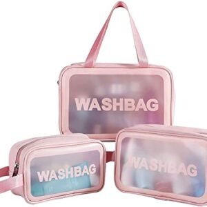 FLYNGO Clear Makeup Pouch Set, Cosmetic Organizer Bag for Women and Girls Travel Waterproof Toiletry Storage Kit (Set of 3 LIght Pink)