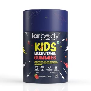 Farbody Kids Multivitamin Gummies with DHA, Vitamins A, B6, B12, C, D, E, K2 | Boosts Immunity, Bone Health, Growth & Cognitive Function | 100% Vegan, No Added Sugar | 30 Gummies, Strawberry Flavour