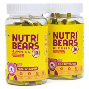 NutriBears Kids Multivitamin Gummies with Vitamins A, C, B, D, and Zinc, 60 Gummy Chewable Bears, Strawberry and Orange Flavour, Supports Daily Wellness and Immune System Support, 2-Pack